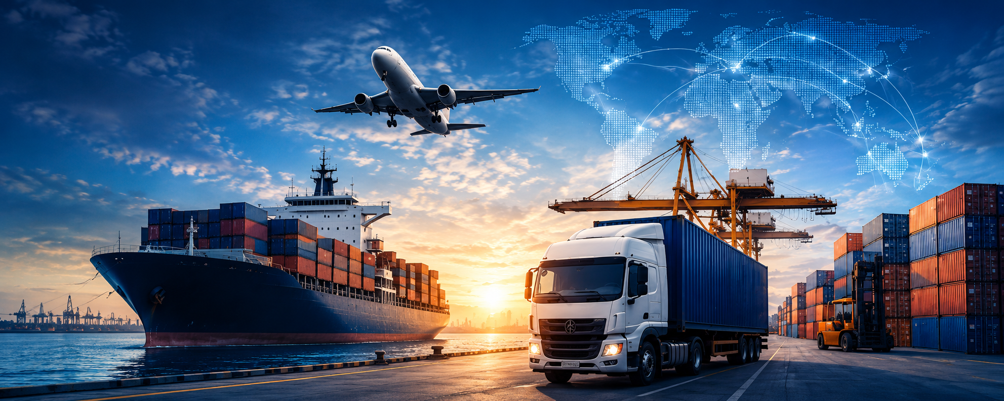 Transporte marítimo, aéreo y terrestre en un puerto internacional con containers y rutas de carga globales